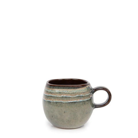 A round ceramic mug with a handle, boasting a green and brown gradient design with horizontal lines, exemplifies unique Portuguese tableware as it sits on a plain white background.