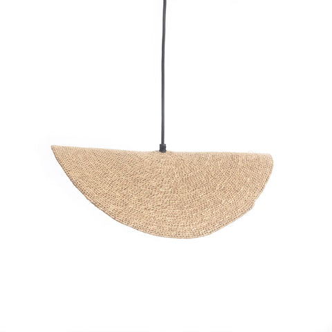 A hanging pendant light with a woven, semi-circular wicker shade suspended from a black wire, displayed against a plain white background. This organic pendant light exudes natural tone lighting, creating an inviting ambiance in any space.