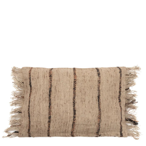 A beige cotton cushion with black vertical stripes and frayed edges, lying flat against a white background. The textured fabric adds a boho vibe, giving it a rustic and cozy appearance.