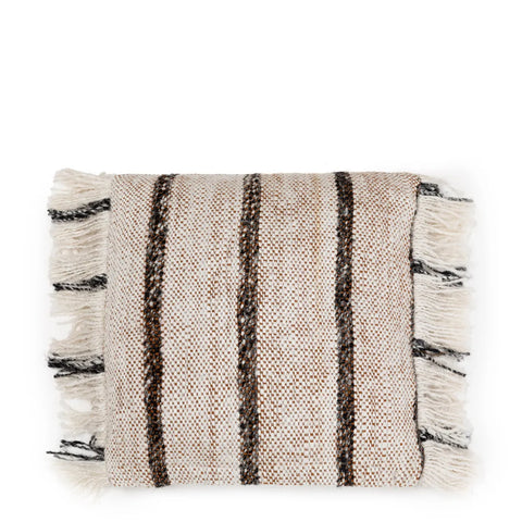 A square Boho cushion showcasing beige and black vertical stripes, this piece adds charm to any room. The edges boast fringe in alternating black and cream colors, enhancing its textured soft furnishings appeal. Made from quality materials, it promises a soft touch and stylish comfort.