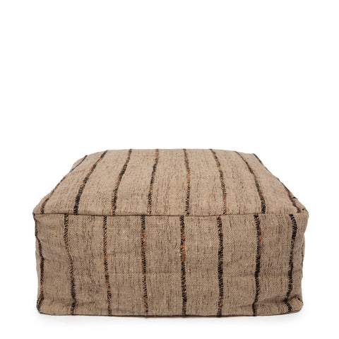 A rectangular, beige cotton pouffe with black and brown vertical stripes, placed against a white background. This super soft home accessory is perfect for adding comfort and style to any room.