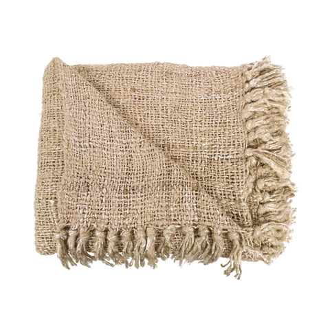 A folded, beige jute fabric with a coarse texture and fringed edges, offering the charm of a cozy throw.