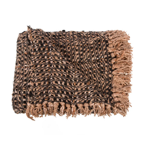 A folded, textured brown and black silk look throw blanket showcases a geometric pattern and fringe along the edges.