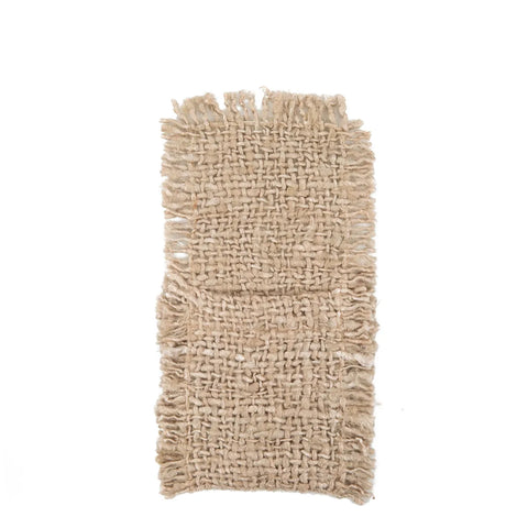 A rectangular piece of coarse, woven burlap fabric, perfect for rustic cutlery holders, with frayed edges displayed against a white background.