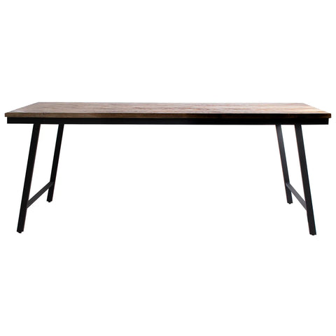 A minimalist teak wood table with a rectangular top and black metal legs. The table boasts a simple, modern design that adds elegance to any space.