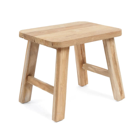 A small wooden stool with a simple rectangular seat and four legs, crafted from light-colored reclaimed teak wood. The stool boasts an eco-conscious, natural, unfinished look, with legs slightly angled outward for stability.