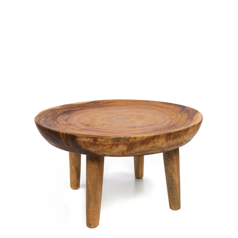 This living room coffee table features a smooth, polished surface and sturdy three-leg design, crafted from warm-toned Munggur wood with visible grain patterns. Its natural elegance stands out beautifully against the white background.