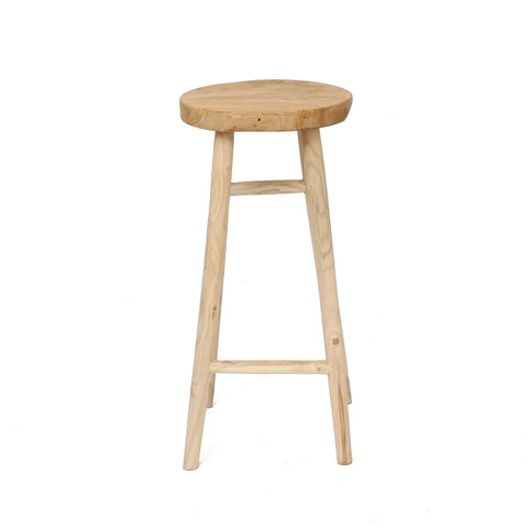 A simple teak wood bar stool featuring a round seat and four legs connected by stretchers. The natural, light finish gives it a minimalist design, making it perfect for an outdoor bar.