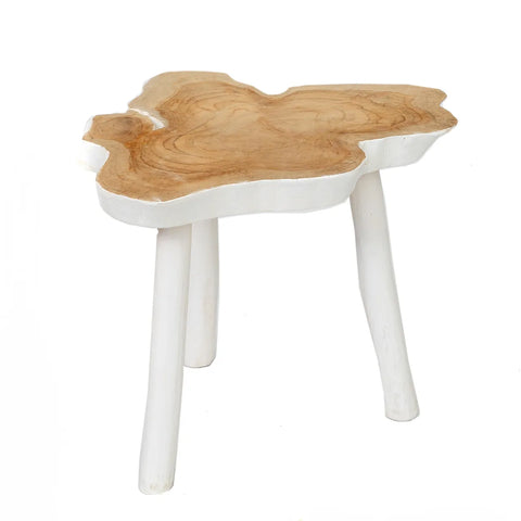 A wooden side table with a natural, organic-shaped top, resembling a tree cross-section. The seat features light teak wood tones and rests on three white, tapered legs. This structure beautifully combines rustic and modern aesthetics.