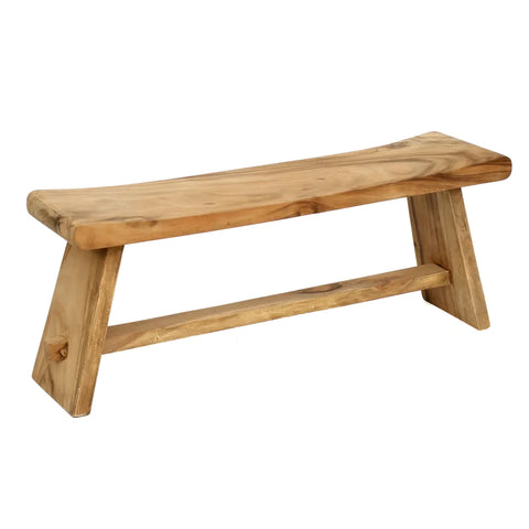 A simple Suar Wood bench with a curved seat and two angled legs, featuring natural wood grain and a horizontal support beam underneath, embodies a natural classic style that effortlessly complements any dining space.