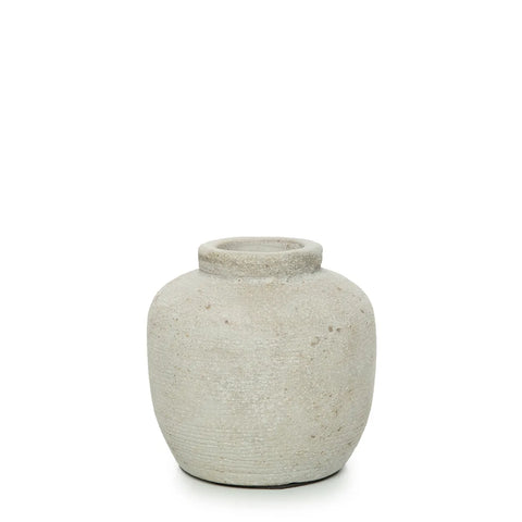 A rustic, gray ceramic vase with a wide base and narrow neck, showcasing a ribbed texture. Perfect for displaying dried flowers, it stands centered against a plain white background, adding an earthy elegance.