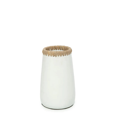 A white ceramic vase with a wide base and narrow top, featuring a brown textured rim around the opening, perfect for showcasing dried flowers. Displayed against a plain white background, it's a sneaky vase that subtly elevates any decor.