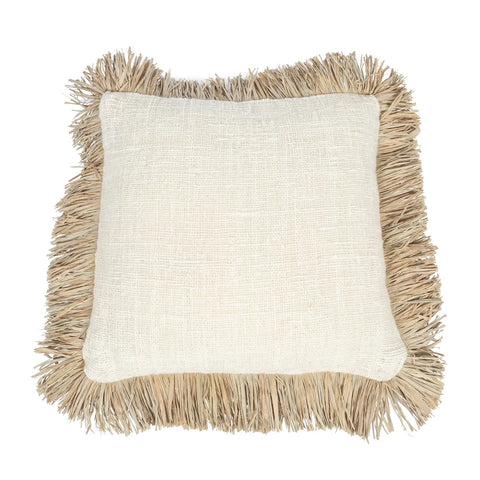 A square decorative pillow featuring textured off-white fabric with raffia fringed edges, adding a boho touch to your soft furnishings.