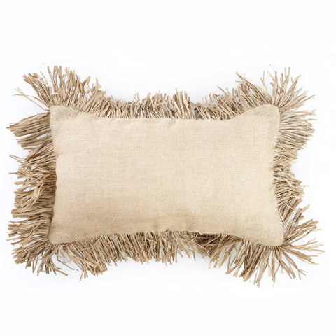 A rectangular beige pillow crafted from jute features a textured surface and fringed edges, embodying the essence of soft furnishings, displayed on a plain white background.