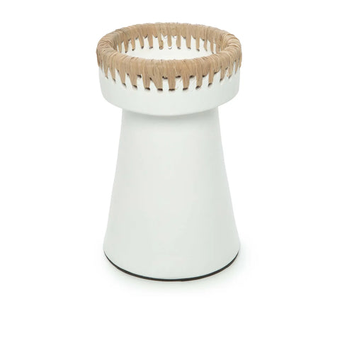 A modern, white ceramic stool with a flared base and circular top wrapped in natural-colored woven rope, reminiscent of raffia, adding a rustic accent. Its smooth surface and simple, elegant design make it as charming as a well-crafted terracotta piece.