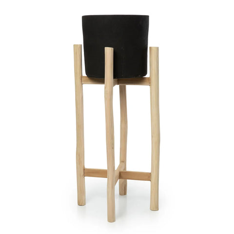 A modern plant stand with a simple wooden frame and a black round planter on top, perfect for plant enthusiasts, set against a white background.