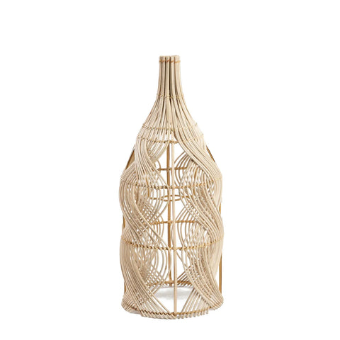 A large decorative vase made of woven rattan, featuring intricate swirling patterns. The design is open and airy, showcasing the natural color and texture of the material—a perfect complement to a rattan lamp or pendant lamp for versatile lighting in any space.