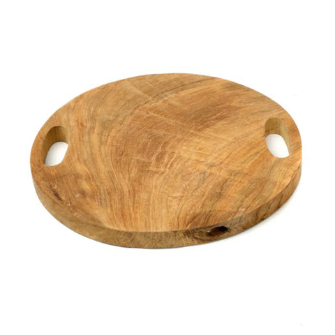 A round wooden serving tray with two cut-out handles on each side, perfect for any kitchen counter. The natural grain pattern and smooth finish enhance its beauty, set against a white background.