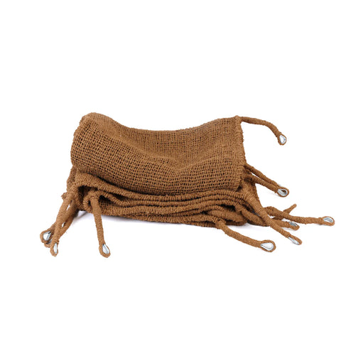 A stack of brown burlap sacks with drawstring ties evokes an organic touch against the crisp white background.