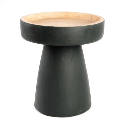 Introducing the Rayu side table, a sleek design masterpiece that blends a dark green finish with a light wood-toned top. Its modern, round form features a smooth, cone-shaped base supporting the flat circular surface for an elegant statement in any room.