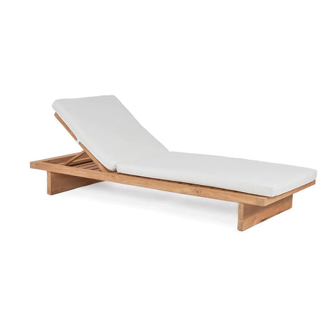 This lounger, crafted from reclaimed teak wood, showcases a simple, minimalist style with clean lines. The white cushioned seat and adjustable backrest make it perfect for sunbathing or relaxation in any outdoor space.