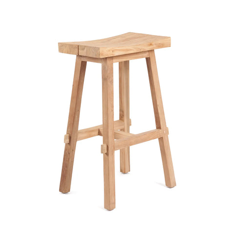 A wooden bar stool with a minimalist design featuring a curved seat and four sturdy legs crafted from reclaimed teak wood. The natural wood grain is visible, lending it a rustic charm, perfect for enhancing any bar decor.