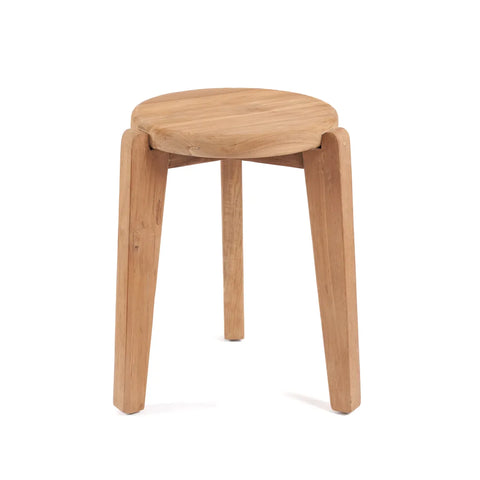 A simple wooden stool with three legs and a round seat exudes rustic charm, crafted from light-colored reclaimed teakwood, positioned elegantly on a white background.