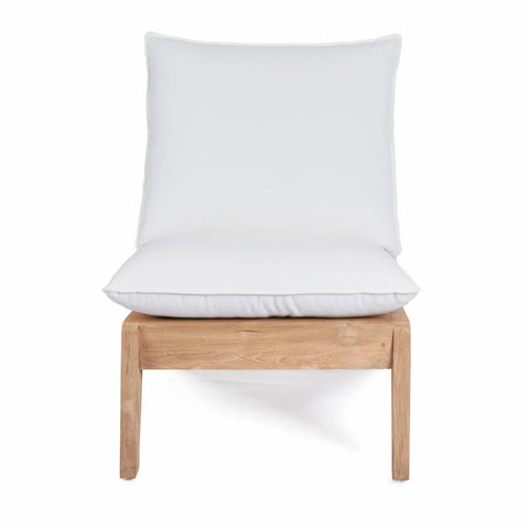 A minimalist chair crafted from reclaimed teak wood, featuring a light frame and a white cushioned seat and backrest, shown against a white backdrop.