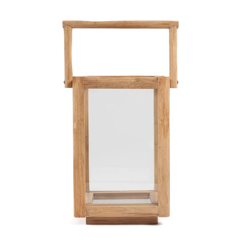 A minimalist outdoor lantern crafted from reclaimed teak with a rectangular frame and handle. Glass panels on all sides rest atop a flat base, while the natural, unfinished wood showcases its grain. This eco-friendly lighting piece is set against a plain white background.