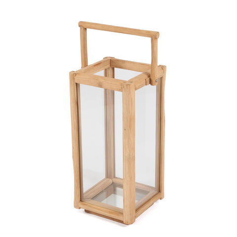 A rectangular lantern with a reclaimed teak frame and a handle on top, featuring clear glass panels on each side. The design is simple and functional, suitable for indoor or outdoor decoration, adding an eco-friendly lighting touch to your space.