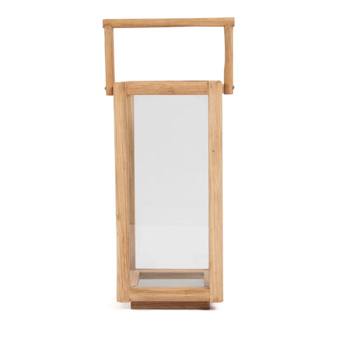 A wooden-framed lantern made from reclaimed teak features clear glass panels and a rectangular shape. With a sturdy handle on top, it's easily carried or hung. This eco-friendly lighting option boasts a simple, elegant design suited for both indoor and outdoor use.