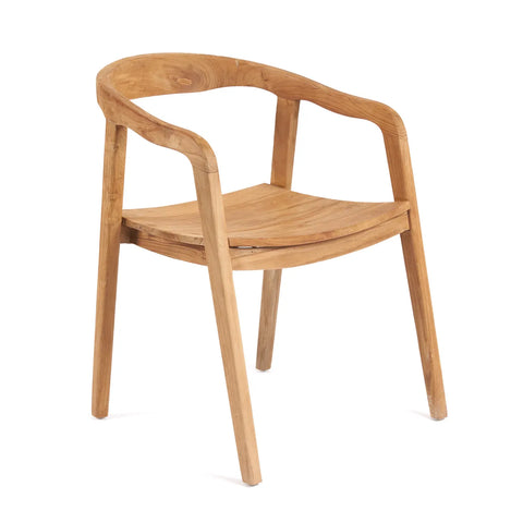 The Nihi Oka chair, crafted from teak wood, features a curved backrest and seat. Its smooth, flowing lines and tapered legs lend it a modern, minimalist appeal, perfect for outdoor dining.