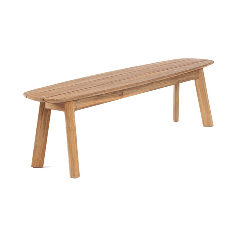 A wooden outdoor bench with a sleek, minimalist design features a smooth, elongated seat and sturdy, angled legs. Made from eco-friendly reclaimed teak, its natural wood finish emphasizes its simple, modern aesthetic as a statement piece of furniture.