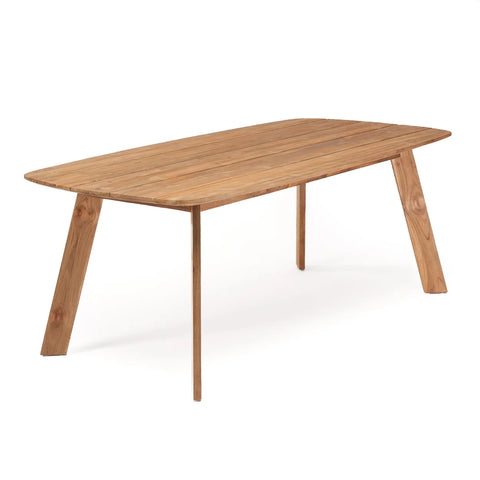 A wooden dining table featuring a rectangular, slightly curved top and four angled legs, crafted from upcycled teak wood. The table boasts a natural finish, offering an eco-friendly choice for your home.