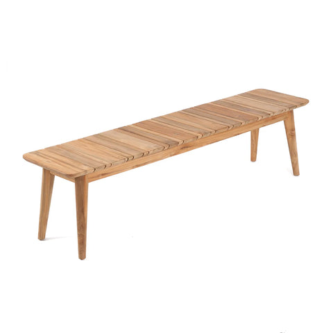 A versatile bench with a slatted seat and four tapered legs, crafted from sustainable teak wood. It boasts a natural finish and simple, minimalist design, perfect for any setting.