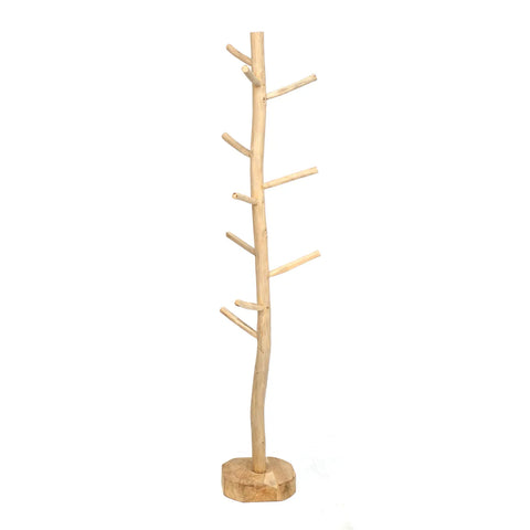 A wooden coat rack designed to resemble a tree branch, crafted from teak wood, features multiple hooks at varying heights. It exudes boho character and is set against a plain white background.