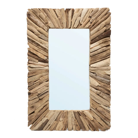 This rectangular driftwood mirror features a frame crafted from irregularly arranged pieces, showcasing a natural color with rustic charm. Perfect for a feature wall, its unique design beautifully complements the smooth glass center.