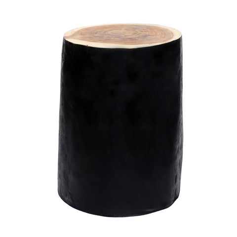 A black wooden stump, crafted from solid Mungurr wood, features a smooth, cylindrical shape and a light wood top. Resembling a natural tree trunk, this handmade stool stands upright against a white background.