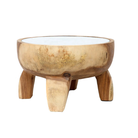 A Munggur wood, round, three-legged bowl with a natural grain finish and a white interior, viewed from a slight angle—perfect for adding rustic charm to your coffee table or outdoor space.