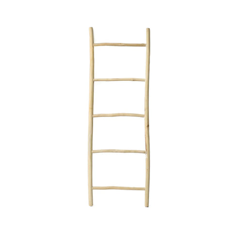 Image of a simple, boho ladder with four rungs crafted from light-colored wood. It exudes natural character with its unfinished, rustic look and stands upright against a plain white background.