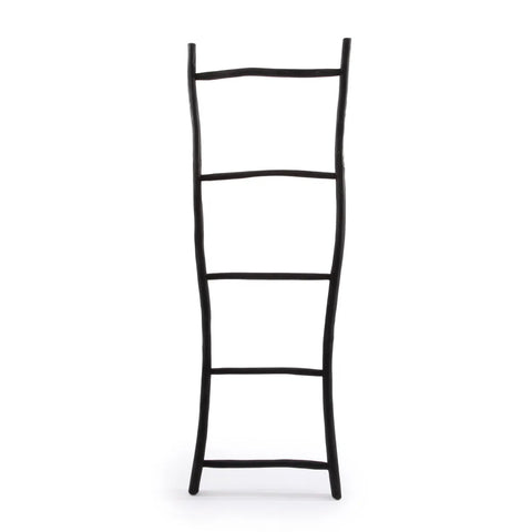 Introducing a boho ladder crafted from natural teakwood, this black wooden decorative piece features five unevenly spaced rungs and stands with a slightly curved, rustic charm against a white background. Perfect as a distinctive towel hanger or to enhance your space's aesthetic.