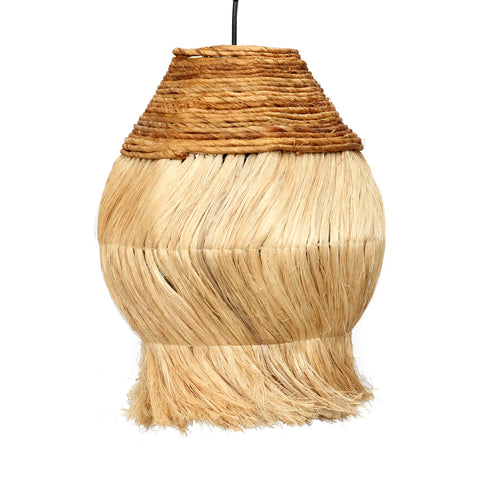 A handcrafted grass pendant light with a natural, bohemian design features a wrapped jute top and fringed, straw-like layers. Its unique design in earthy tones and textured materials makes it an ideal addition to any home interior, creating a warm, rustic appearance.