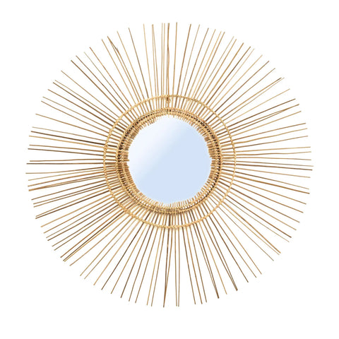 A decorative 70s inspired mirror with a sunburst design, featuring a circular frame made of thin, elongated golden rods resembling sun rays, surrounding the reflective surface in the center.