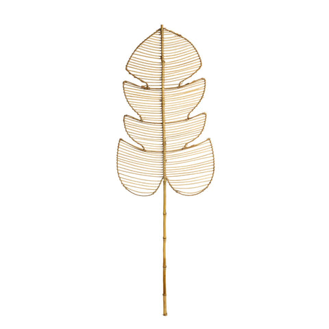 A decorative wall piece shaped like a leaf, crafted from gold metal wire with a long stem. It features five sections forming the leaf pattern against a white background, making it an exquisite addition to any interior decor.