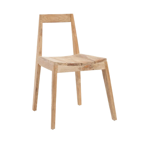 A simple, light wooden chair crafted from reclaimed teak wood features a straight backrest and four legs. The seat and back are flat, showcasing the natural grain of the wood. Its minimalist design offers a modern yet rustic appeal, perfect as sustainable outdoor furniture.