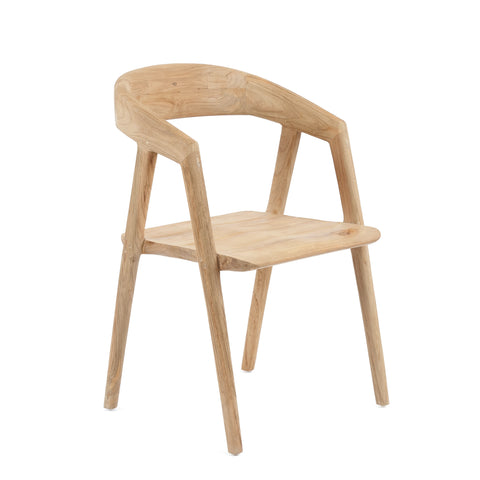 The Teluk dining chair boasts a minimalistic design with an elegant and timeless flair. Crafted from reclaimed teak wood, this modern piece features a rounded backrest, four angled legs, and a smooth, flat seat that exudes sophistication.