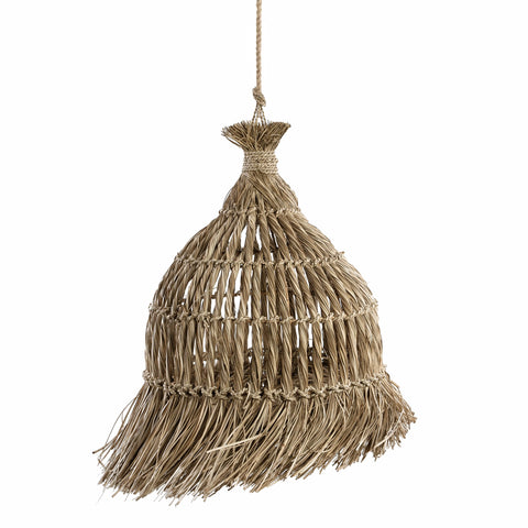 A handmade Guagua pendant lamp features a woven straw lampshade with a natural, rustic texture hanging from a rope. Its conical shape has strands of straw extending outward at the bottom, creating a fringe-like appearance. The design is simple yet adds an earthy touch to the décor.