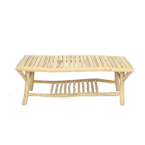 This organic coffee table exudes a natural summer vibe with its teak wood, slatted top, and lower shelf. Supported by sturdy, curved legs, the design is simple and rustic.