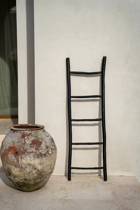 A rustic clay pot with earthy tones sits next to a natural teakwood ladder leaning against a beige wall. A glass door is partially visible to the left, casting subtle shadows on the smooth surface.