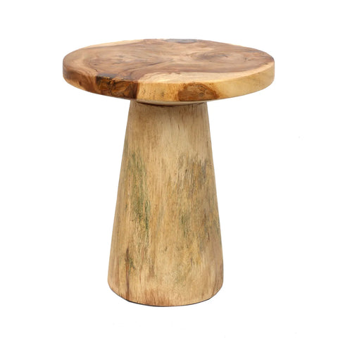 A handcrafted wooden stool with a circular top and a tapered base, made from natural Munggur wood that showcases visible grain patterns and varying shades of brown. Perfect as a unique side table addition to any space.